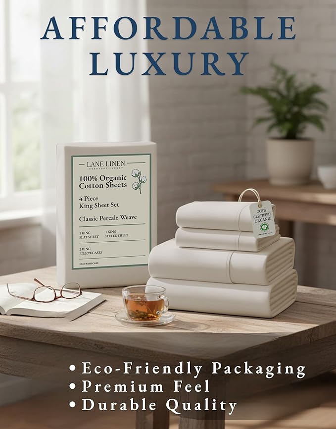 LANE LINEN 100% Organic Cotton King Bed Set, 4-Piece Cotton Bed Sheets, Crisp Percale Weave, Ultra Soft Bedding Sets & Collections, 15" King Size Sheets Deep Pocket Set - Glacier Grey