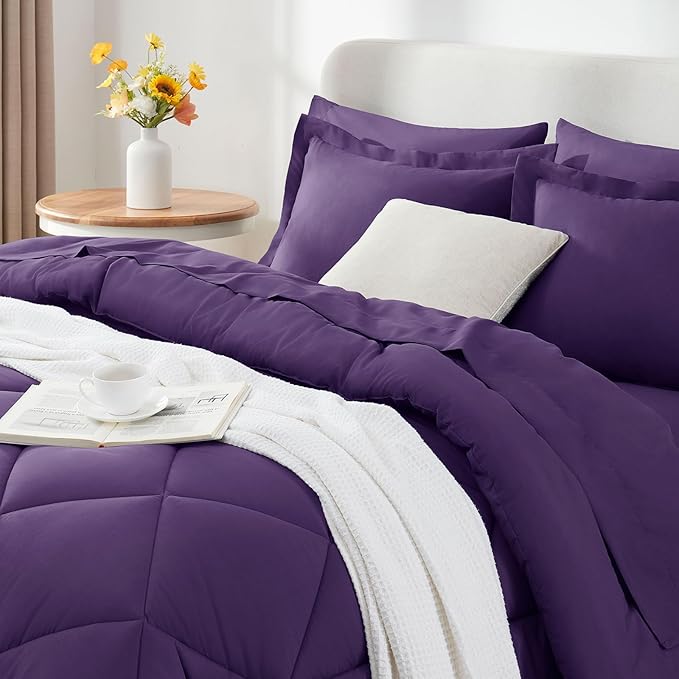 CozyLux Queen Comforter Set Purple - Bed in a Bag Queen Size 7 Pieces, Luxury Soft Bed Set for All Seasons, Bedding Set with Down Alternative Comforter, Sheets, Pillowcases & Shams