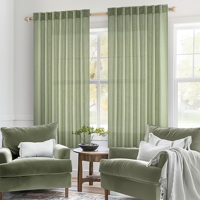 MIULEE Sage Green Linen Curtains 42x63 Inch Length 2 Panels - Image 2