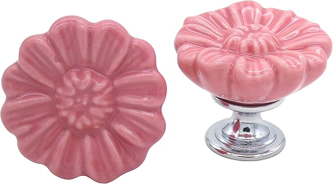 6PCS Vintage Floral Daisy Ceramic Dresser Drawer Knobs Elegant Cabinet Cupboard Door Hardware Pull Handles w/Screws Pink