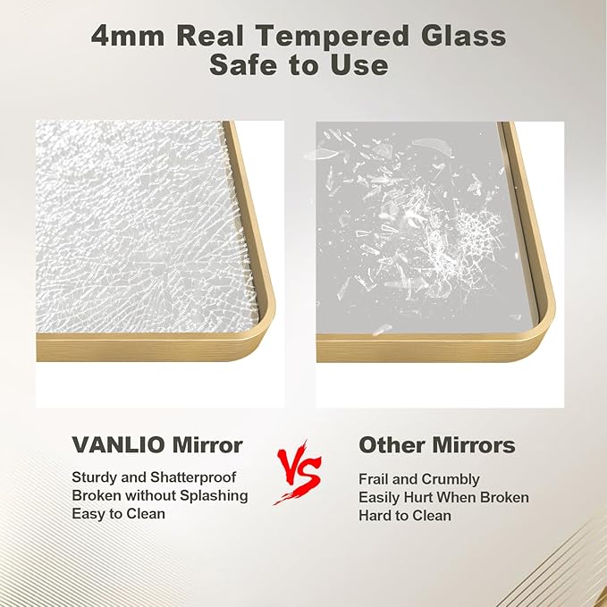 24x36 Inch Gold Framed Bathroom Mirror, Brushed Gold Metal Vanity Mirror, Gold Rectangle Mirror for Wall, Rounded Corner, Tempered Glass, Anti-Rust, Shatterproof (Horizontal/Vertical)