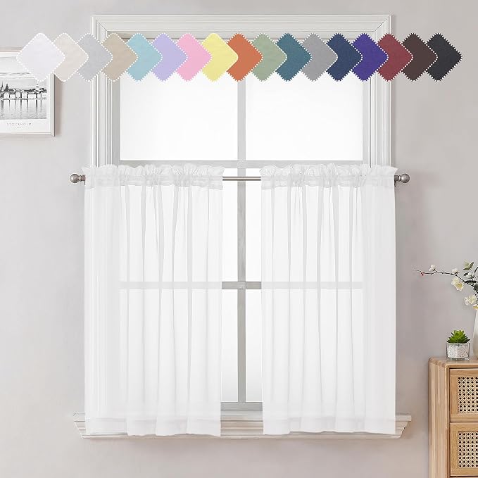 White Sheer Curtains 36 Inch Length 2 Panels Set, Airy Breathable Voile Short by Lecloud