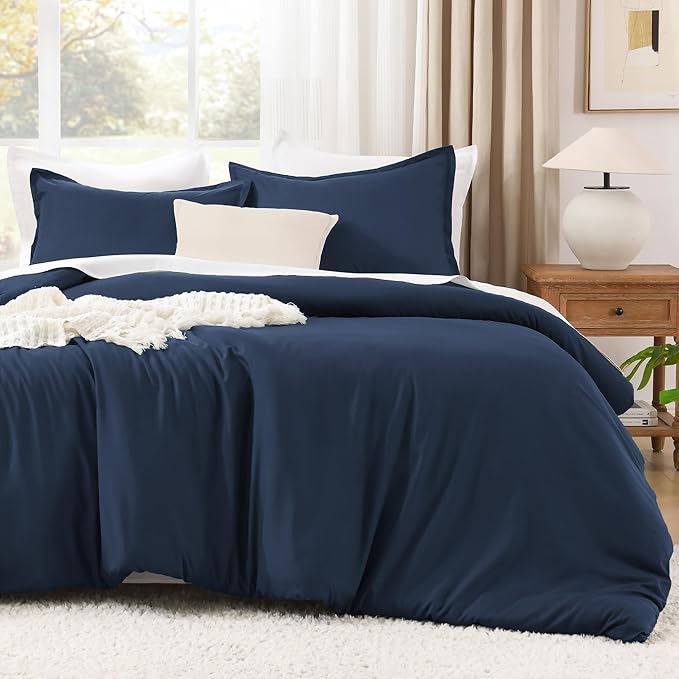 Litanika Navy Blue Oversized King Comforters Super King Size, 3 Pieces Lightweight Solid Bedding Comforter Set, All Season Fluffy Bed Set (120x120In Comforter & 2 Pillowcases)