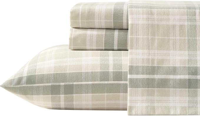 Laura Ashley - Flannel Sheets Queen Size, Anti-Pilling & Wrinkle Resistant Cotton, Touchably Soft for All-Season Comfort - Bed Sheets with Matching Pillowcases & Fitted Sheet (Mulholland Plaid Green)