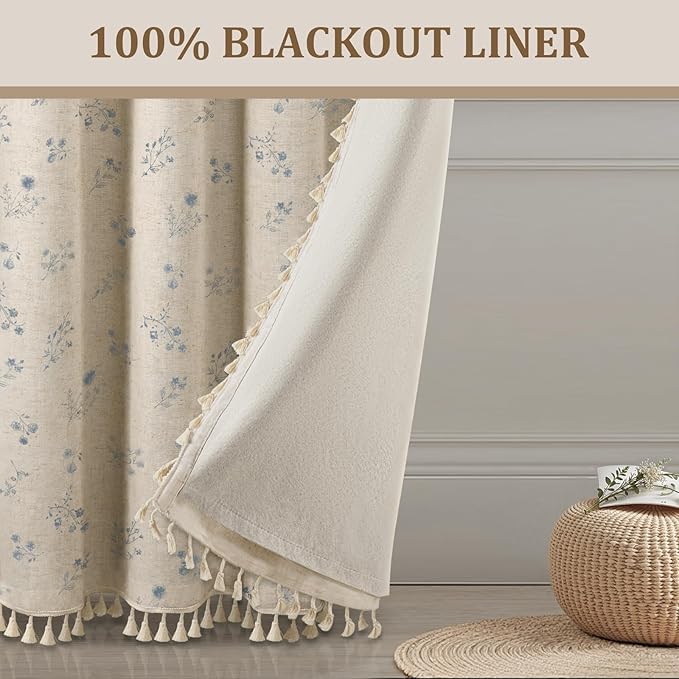 Boho Floral 100% Blackout Curtains 84 Inch 2 Panels Light Blue | Farmhouse - Image 6