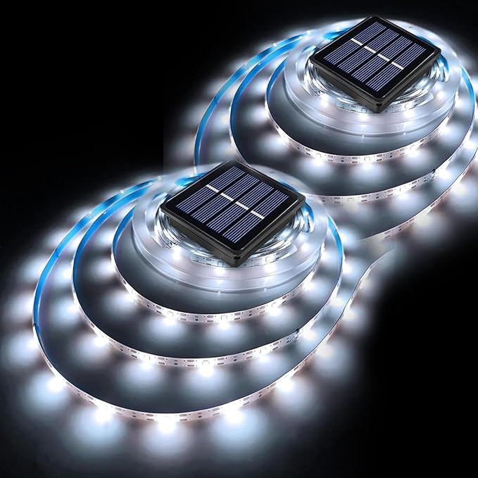 2 Pack Solar LED Strip Lights Outdoor Waterproof 19.6FT 180 LED Solar Powered Rope Light Cuttable 8 Modes for Outside, Garden, Patio, Deck, Fence, Pathway, Stair, Poolside, Halloween, 6000K White