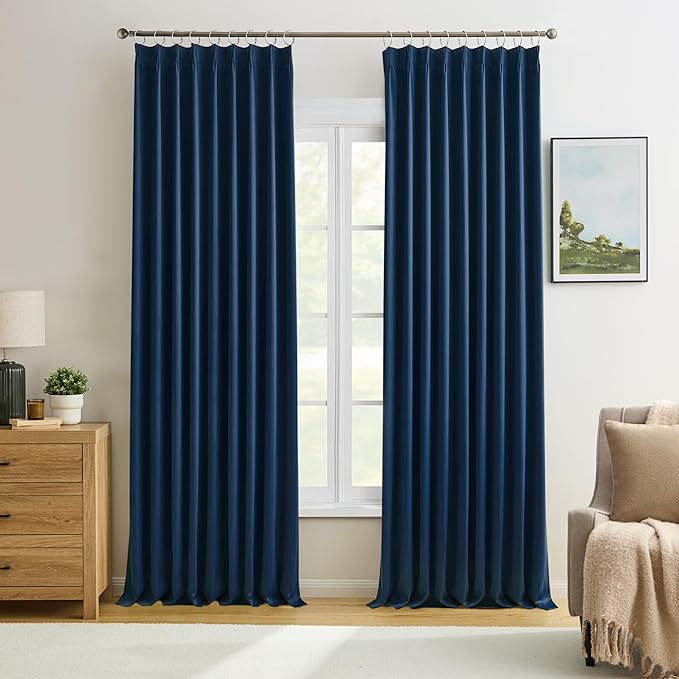 2 PCs Navy Blue Pleat Wide Drapes by KEQIAOSUOCAI