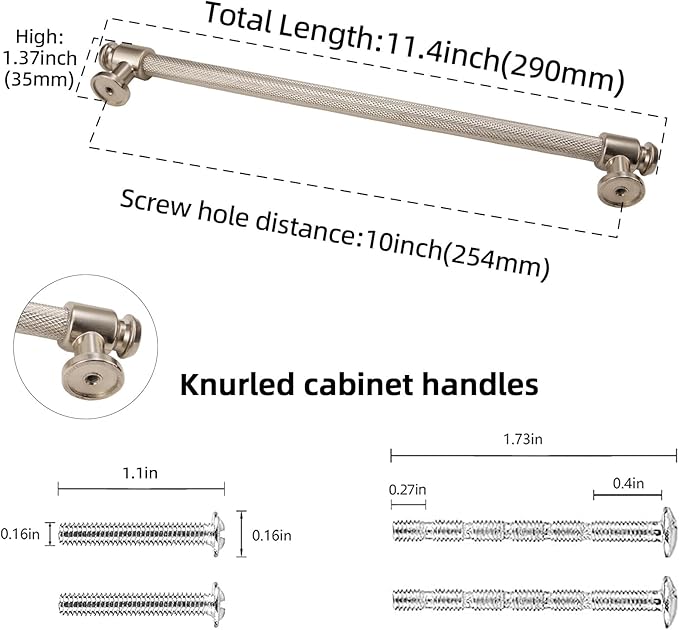 6 Pack 10 inch(254mm) Brushed Satin Nickel Kitchen Cabinet Handles Knurled Cabinet Pulls Silver Drawer Pulls Kitchen Cabinet Hardware Kitchen Handles Drawer Pulls Dresser Handles