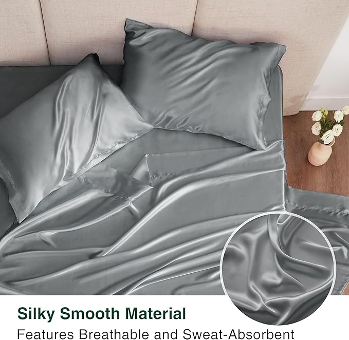 Love's cabin Twin XL Satin Sheet Sets - 3 Piece Dark Grey Silky Bed Sheets with Deep Pockets, Luxury Silk Feel Satin Sheet Set Twin XL (1 Flat Sheet,1 Fitted Sheet,1 Pillow case)