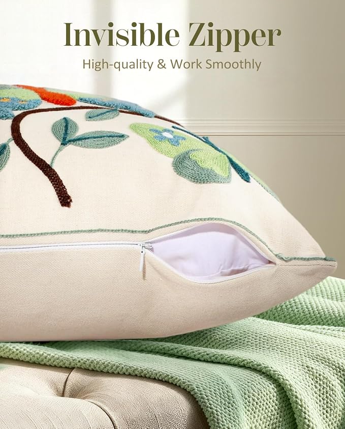 Embroidered Throw Pillow Cover 18x18 Inch, Branch Butterfly | Decorative Pillow - Image 3
