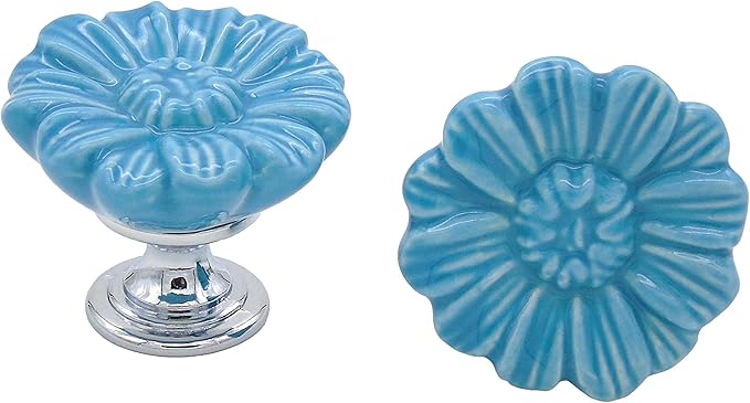 6PCS Vintage Floral Daisy Ceramic Dresser Drawer Knobs Elegant Cabinet Cupboard Door Hardware Pull Handles w/Screws Aqua Blue