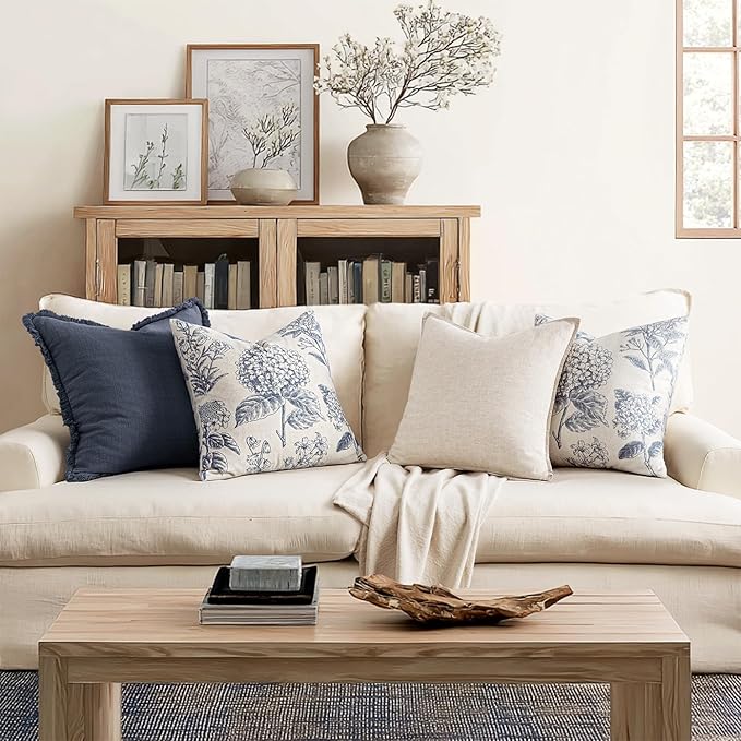 Set of 2 Decorative Floral Pillow Covers 22x22 Inch Light Blue | Neutral - Image 4