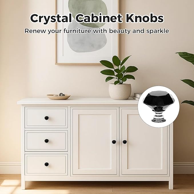 DEELF 25 Packs Kitchen Cabinet Knobs, 30 mm Crystal Cabinet Knobs, Diamond Dresser Handle Drawer Pulls, Dresser Knobs for Cabinets and Drawers, Black