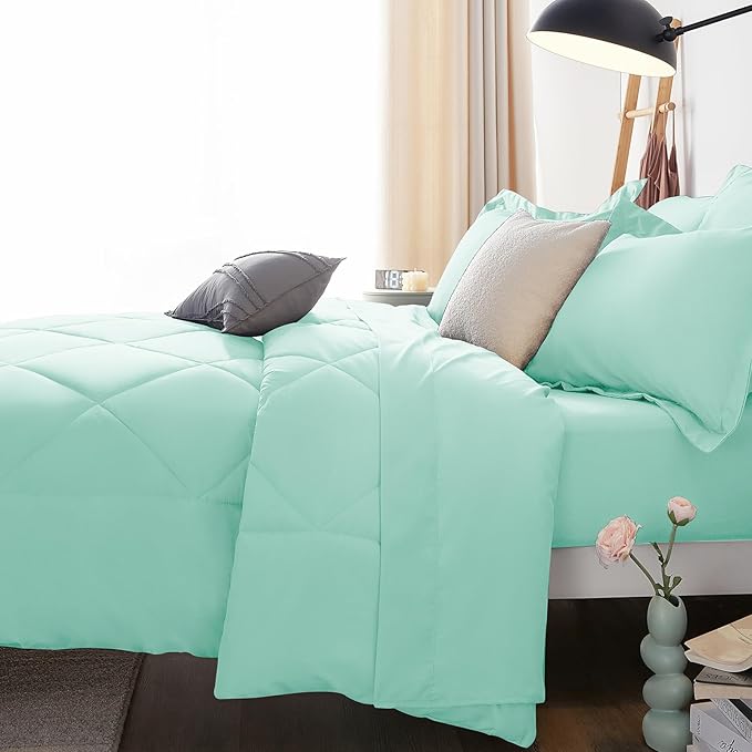 CozyLux Queen Comforter Set Mint Green - Bed in a Bag Queen Size 7 Pieces, Luxury Soft Bed Set for All Seasons, Bedding Set with Down Alternative Comforter, Sheets, Pillowcases & Shams