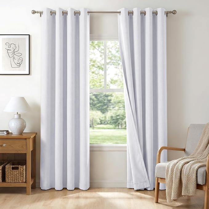 100% Blackout Linen Textured Curtains 80 Inch Long, Bright White | 100% by 100BlackoutShield