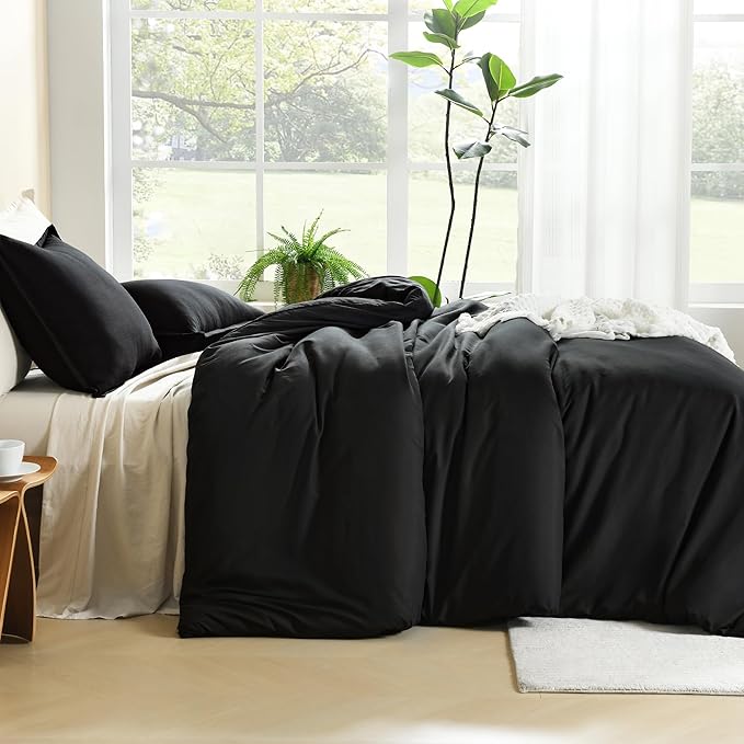 Litanika Comforters Black Oversized King Size, 3 Pieces Lightweight Solid Bedding Comforter Set, All Season Fluffy Bed Set (120x98In Comforter & 2 Pillowcases)