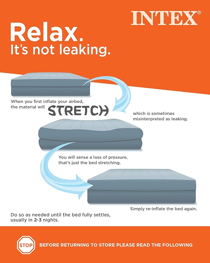Intex 64759E Dura-Beam Standard Downy Air Mattress: Fiber-Tech – Queen Size – 10in Bed Height – 600lb Weight Capacity – Pump Sold Separately