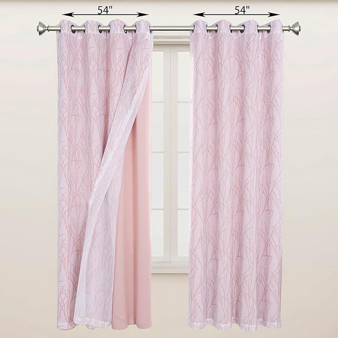 BONZER Mix and Match Curtains - 2 Pieces Branch Print Sheer Curtains and 2 Pieces Blackout Curtains for Bedroom Living Room Grommet Window Drapes, 54x63 Inch/Panel, Blush, Set of 4 Panels