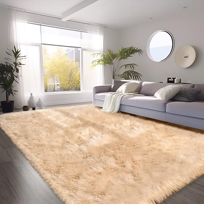 SERISSA 8x10 Fluffy Beige Faux Fur Area Rug - Image 6