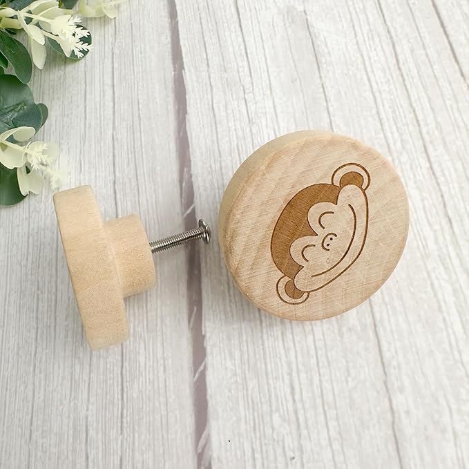 6PCS Round Engraved Animal Flat Wood Knob,Jungle Themed Kids Baby Girls Boy Room Furniture Dresser Knobs,Nursery Lion Nature Wooden Drawer Pull