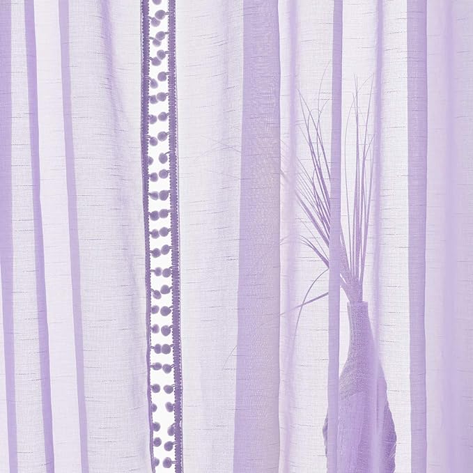 Treatmentex Pom-Pom Sheer Curtains for Kid's Room, 63" Linen Textured Volie Window Curtain Panels Lilac 52" w 1 Pair