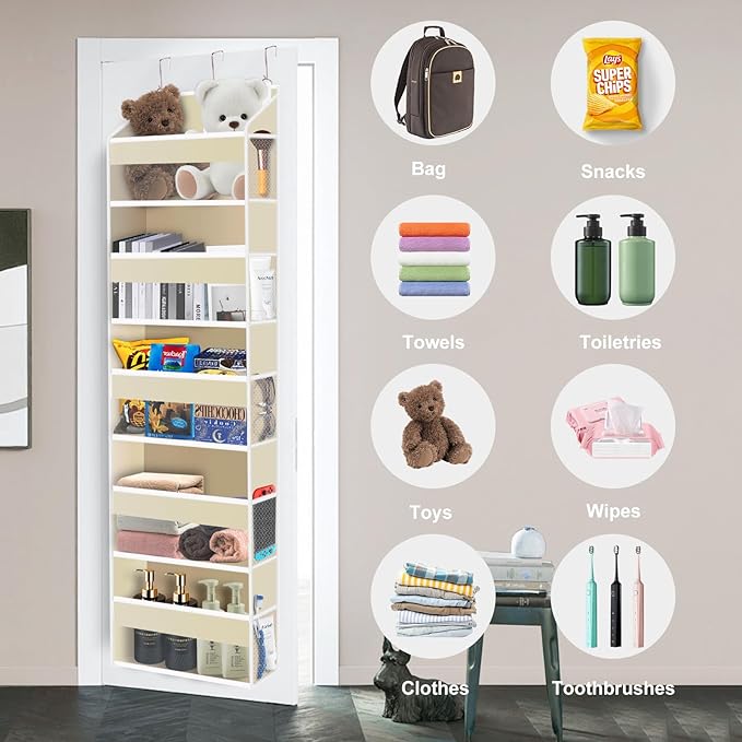 Over The Door Organizer Closet,5 Bins 10 Side Pockets,Hanging Organizer,Anti Tilt 44 lbs Load Door Organizers and Storage with Clear Window for Bedroom,Nursery,Rv,Bathroom,Camper(Beige)