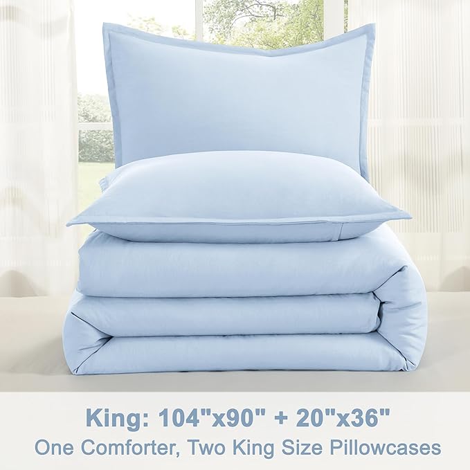 Litanika Comforters Light Blue King Size, 3 Pieces Lightweight Solid Bedding Comforter Set, All Season Fluffy Bed Set (104x90In Comforter & 2 Pillowcases)