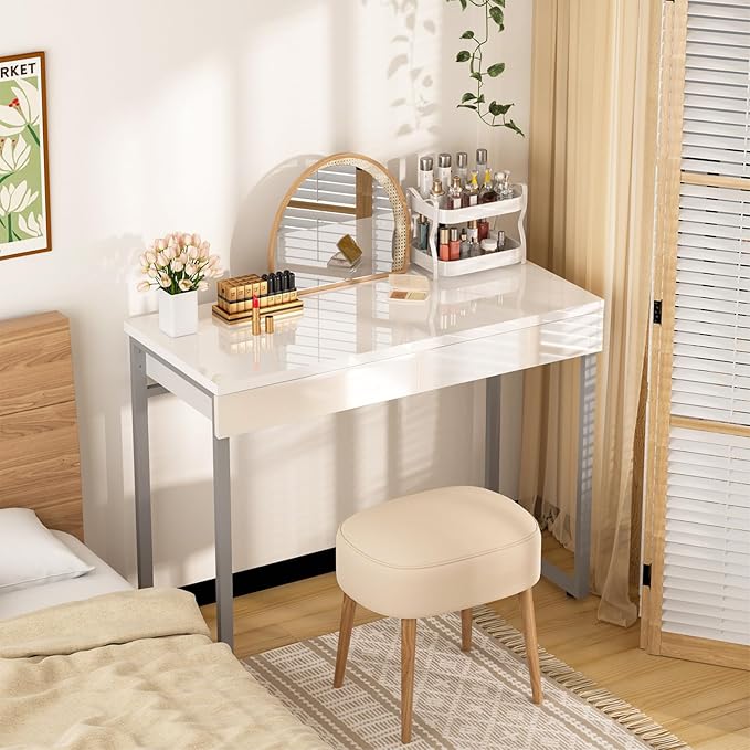 GreenForest Vanity Desk with 2 Drawers,Glossy Desktop White Desk for Bedroom,Makeup Table with Storage Space,Small Desk for Home Office,39 inch No Mirror