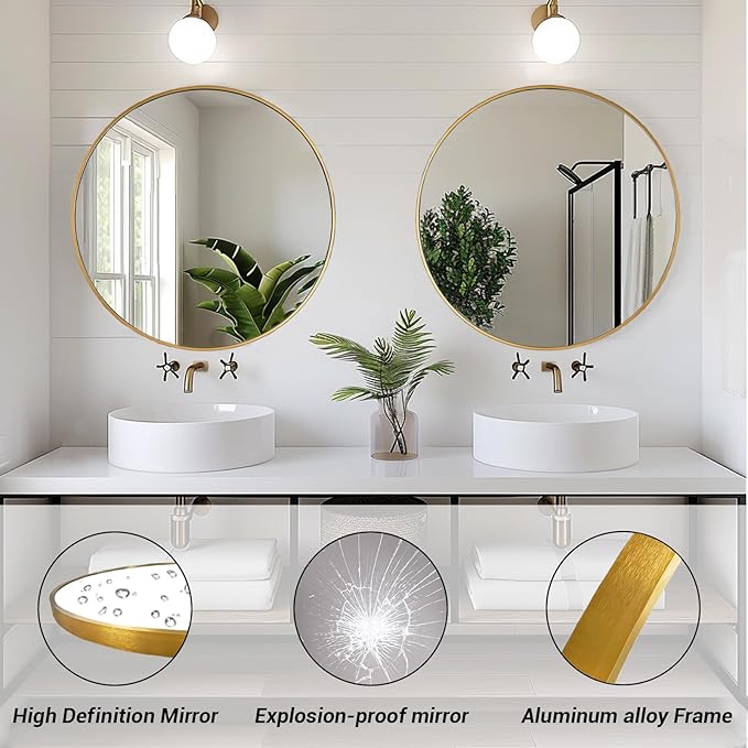 Round Gold Mirror, 28 inch Round Mirror, Circle Bathroom Mirrors Metal Frame, Wall Mounted Circle Mirrors for Bathroom, Living Room, Hallway, Farmhouse.