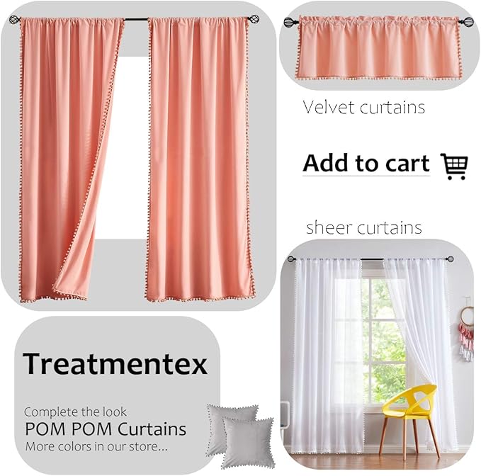Treatmentex Yellow Sheer Curtains for Living Room 95" Linen Texture Pom Pom Trimmed Voile Drapes for Children's Room 2 Panels
