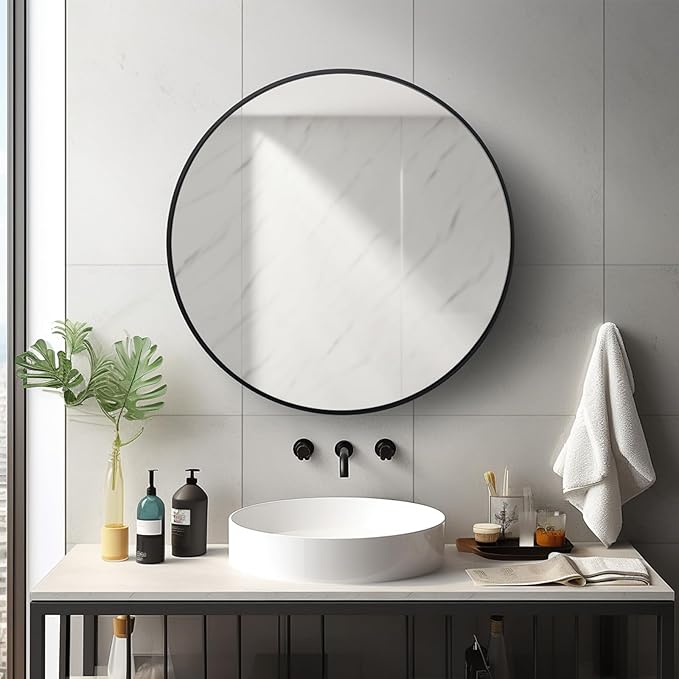 Round Mirror 22 inch, Black Circle Mirror, Round Wall Mirrors Metal Frame, Circle Mirrors for Living Room, Bathroom, Wall, Entryway, Rustic.
