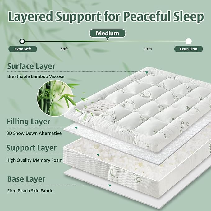 DOWNCOOL 3 Inch Memory Foam Mattress Topper King – Cooling Pillow Top Mattress Topper for Back Pain Relief, with Bamboo Viscose Air Layer, 1600 GSM Fill, Deep Pocket Fits 8–21 Inch