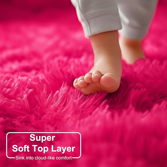 Amdrebio Hot Pink Fluffy Large Round Rug 6Ft - Image 2