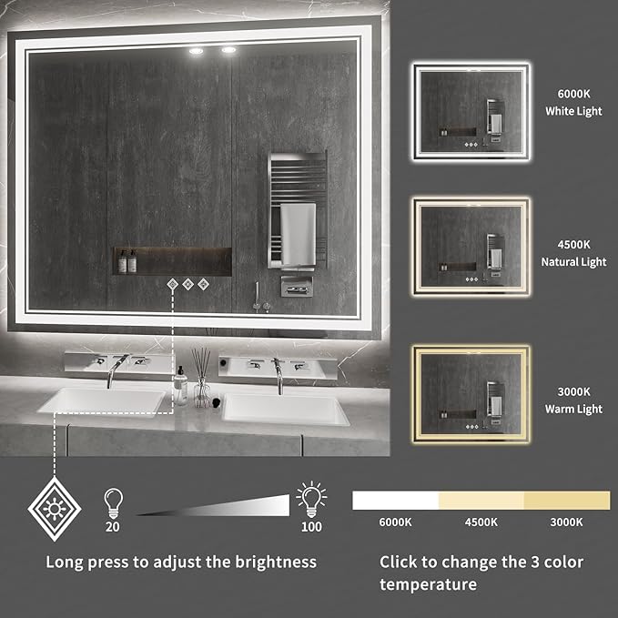 Vanity Mirror with Lights, 48x40 Inch Gradient Front and Backlit Smart Mirror, 3 Colors Dimmable CRI>90 Double Lights, IP54 Enhanced Anti-Fog, Hanging Plates Wall Mount LED Mirror