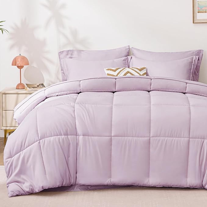 Love's cabin California King Comforter Set Light Purple, 7 Pieces California King Bed in a Bag, All Season Bedding Sets with 1 Comforter, 1 Flat Sheet, 1 Fitted Sheet, 2 Pillowcase and 2 Pillow Sham
