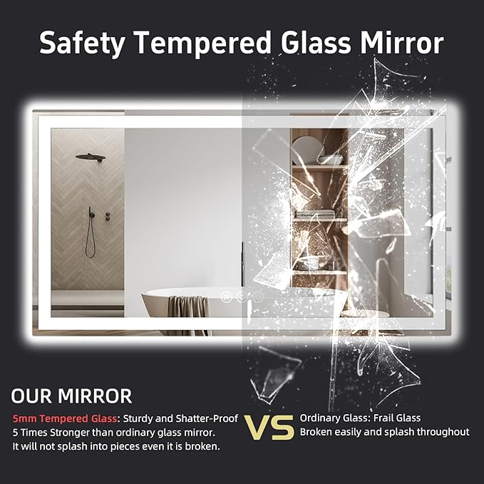 55"x 30" LED Bathroom Mirror with Lights, Double Lighting Sources Dimmable, Anti-Fog Vanity Mirror with Lights, Lighted Bathroom Vanity Mirror for Wall Tempered Glass (Horizontal/Vertical)
