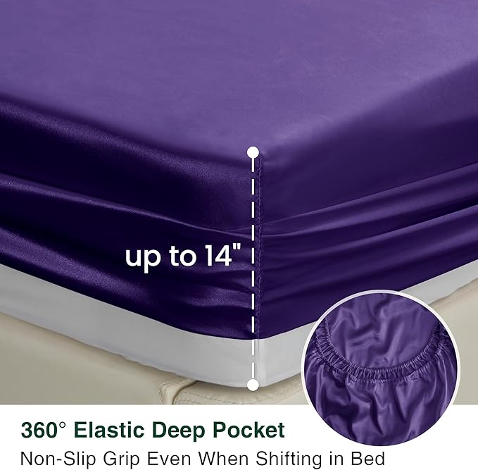 Love's cabin Full Size Satin Sheet Sets - 4 Piece Purple Silky Sheet Set Full with Deep Pocket, Luxury Silk Feel Bed Sheets Full Bedding Set (1 Flat Sheet,1 Fitted Sheet,2 Pillow Cases)