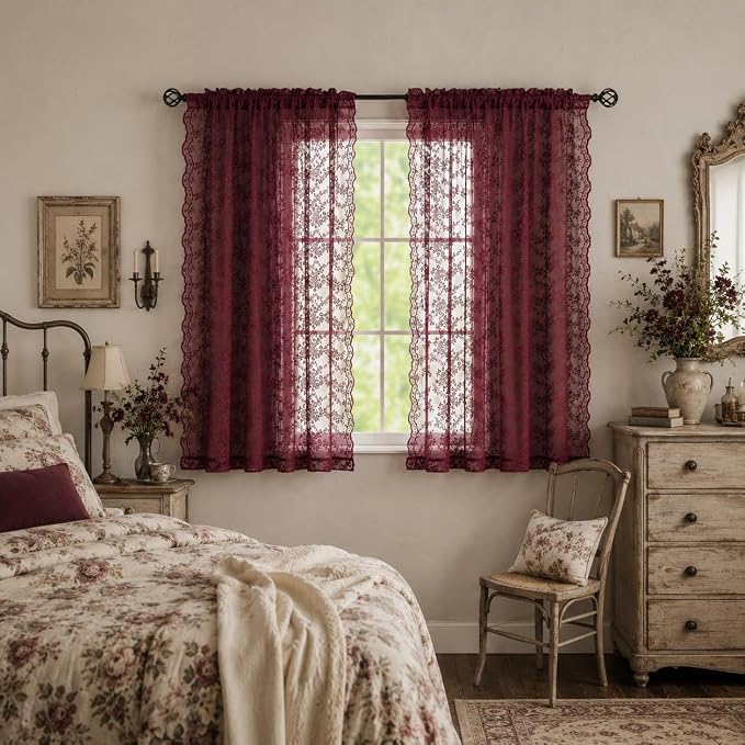 YJ YANJUN Vintage Lace Curtains 63 Inch Length 2 Panels- Burgundy Sheer Curtains - Image 3