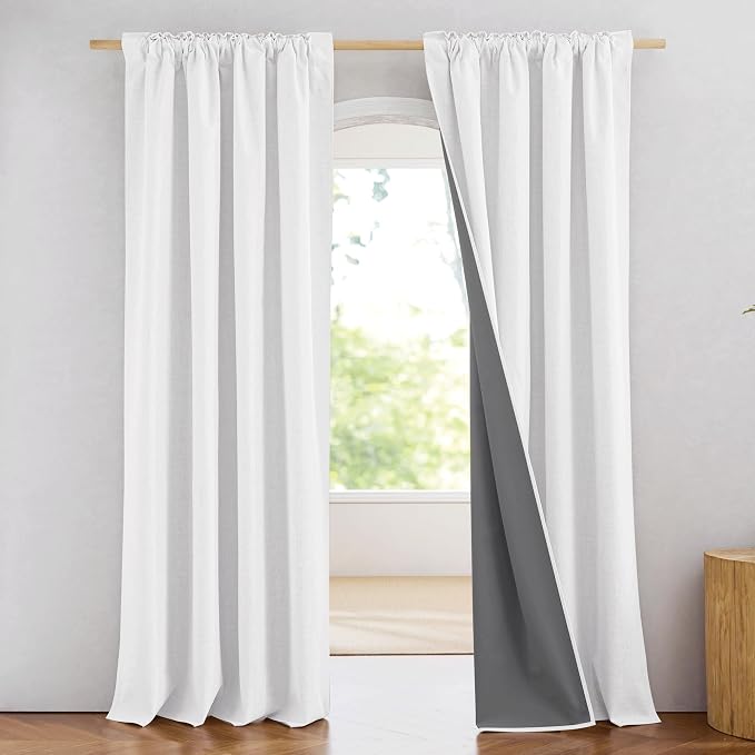 NICETOWN Greyish White 100% Blackout Linen Curtains 90" Long, Farmhouse Thick - Image 2