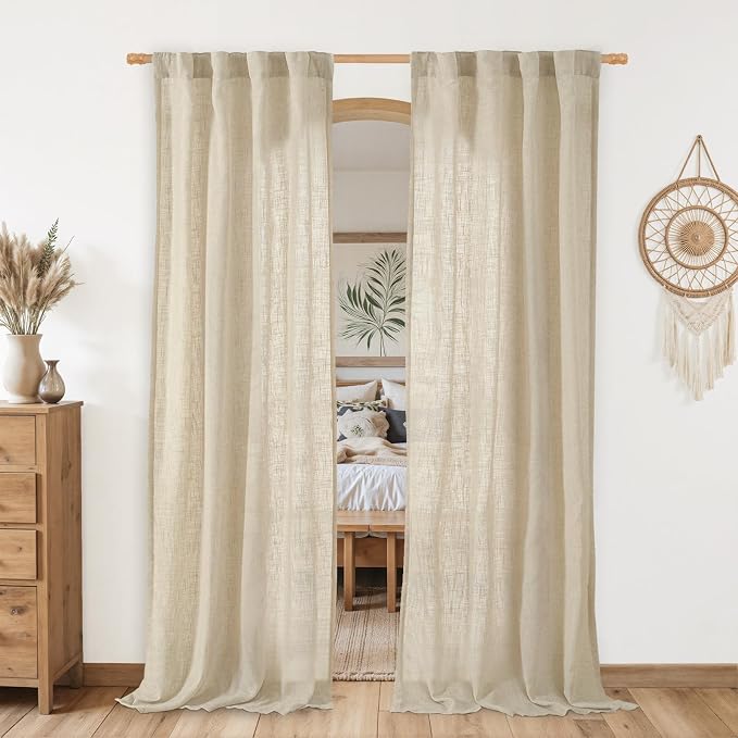 Natural Sheer Linen Curtains for Living Room Doorway 2 Panels | 80 inch Length by LAMIT