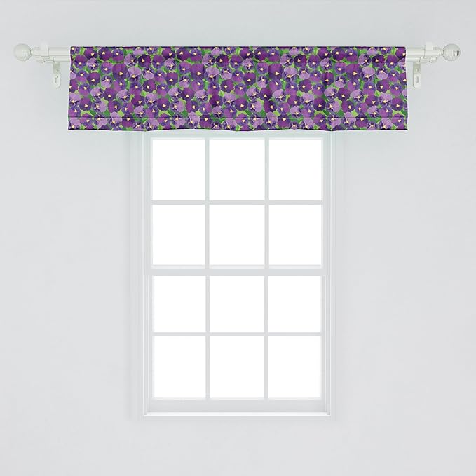 Ambesonne Botanical Window Valance, Green Field Full of Burgeoning Pansy Inflorescence Garden Flourish Bedding Plants, Curtain Valance for Kitchen Bedroom Decor with Rod Pocket, 42" x 12", Purple