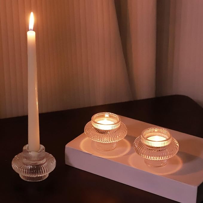 VOHO 12pcs Taper Candle Holders Ribbed Glass, Stylish Boho Candle Holder Stackable and Reversible for Candlesticks & Votive Candles, Clear Candle Sticks Holder Decor for Dining Table Centerpiece