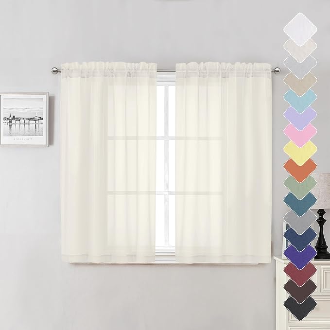 Ivory Sheer Curtains 45 Inch Length 2 Panels, Short Voile Drapes by Lecloud