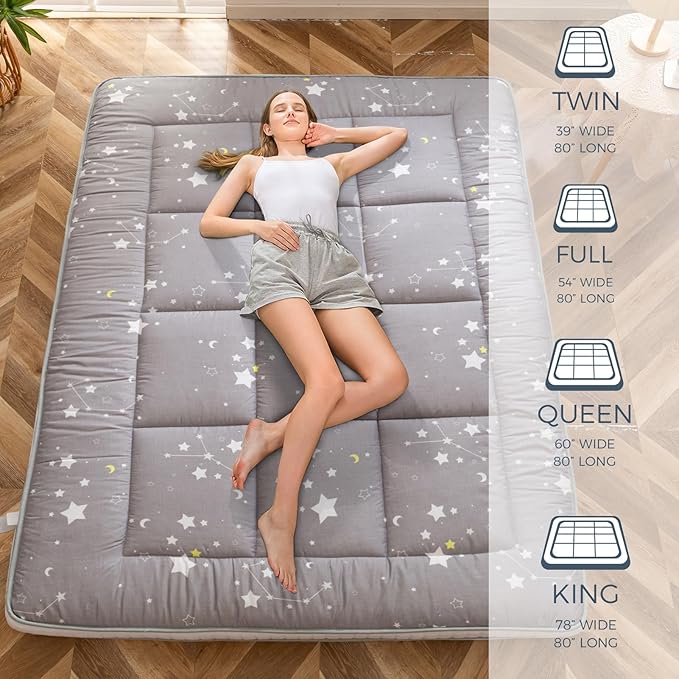 MAXYOYO Grey Constellation Futon Mattress, Twin Size Japanese Floor Mattress Quilted Bed Mattress Topper, Extra Thick Folding Sleeping Pad Breathable Guest Bed for Camping Couch