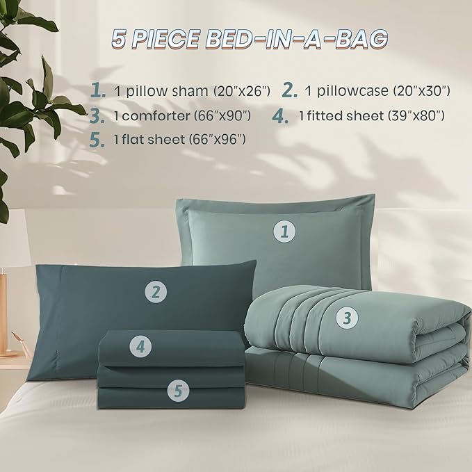 Monbix Twin XL Size Comforter Set - Extra Long 5 Pieces Dorm Bedding Sets, Quilting Design Fluffy Bed in a Bag Twin XL with Sheets, Pillowcase & Sham (Sage Green)