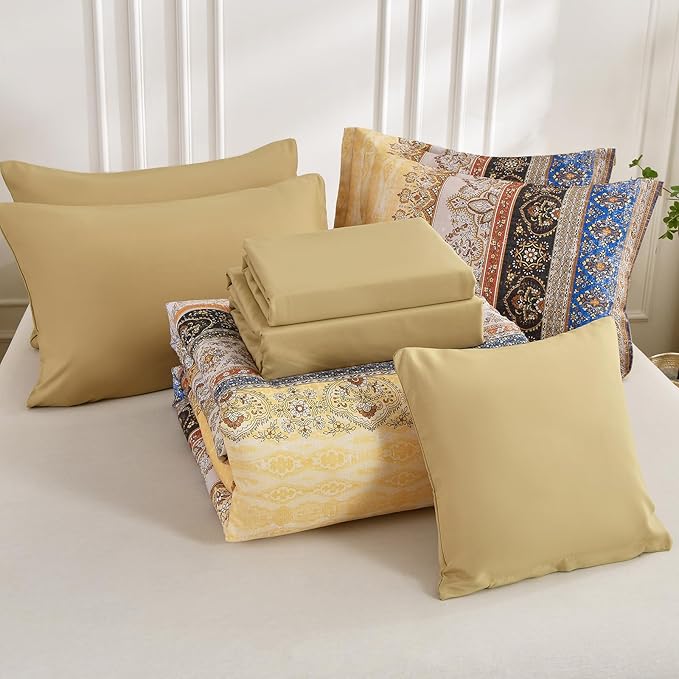 Boho Queen Comforter Set 8 Pieces, Yellow Bohemian Striped Bed in a Bag, Paisley Soft Microfiber Bedding Comforter Set