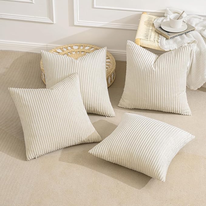 MIULEE Soft Corduroy Decorative Throw Pillow Covers Cream White 18x18 | Set of 4 - Image 4