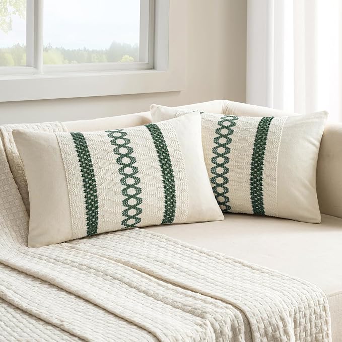 MIULEE Set of 2 Dark Green Boho Decorative Lumbar Pillow Covers 12x20 Inch | - Image 8