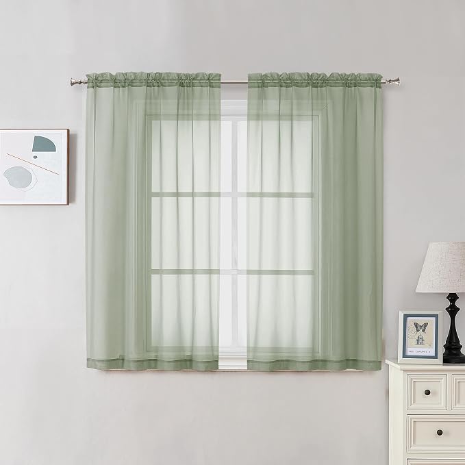 2 Panels Sheer Sage Green Curtains 54 Inches Length Window Treatment by OVZME