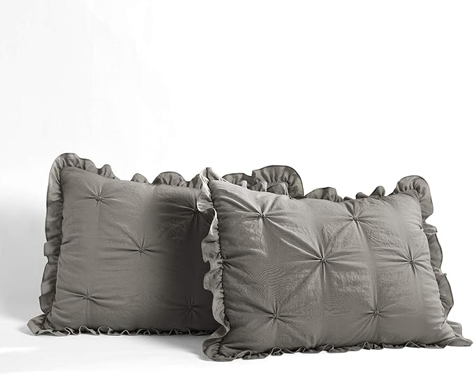 Lush Decor Ravello Pintuck Ruffle Skirt Bedspread Set - Luxe 3 Piece Ruffled Bedding Set - Traditional Glam & Farmhouse Inspired Bedroom Decor - King, Dark Gray